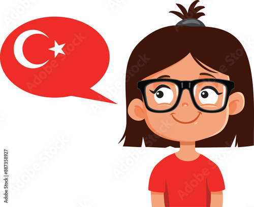 Little Kid Speaking Turkish Language Vector Cartoon. Schoolgirl learning pronunciation and foreign language skills 
