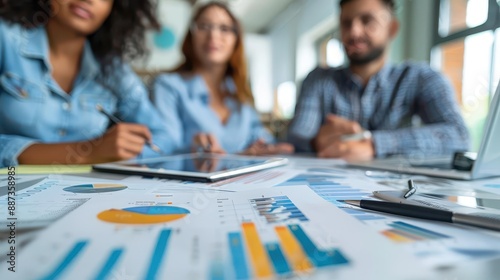 Group of business professionals in a meeting, discussing financial charts and data on documents and tablets in a modern office setting.