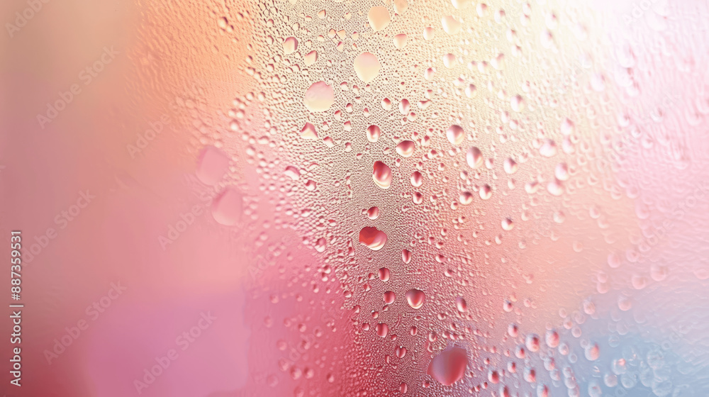 Fototapeta premium Soft Pastel Pink Peach Gradient Background with Frosted Glass and Water Drops Texture, High Resolution Macro Photography, Minimalist Design Banner