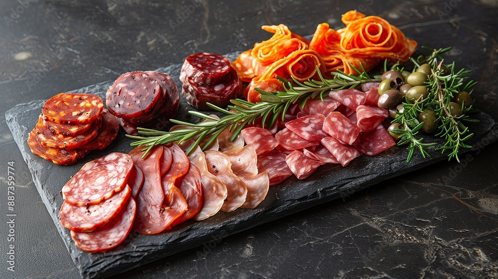 Gourmet Charcuterie Board with Assorted Meats and Olives, Ideal for Culinary Photography and Food Presentations, Rich Red and Green Color Palette Gourmet Charcuterie Board with Assorted Meats and Olives, Ideal for Culinary Photography and Food Presentations, Rich Red and Green Color Palette