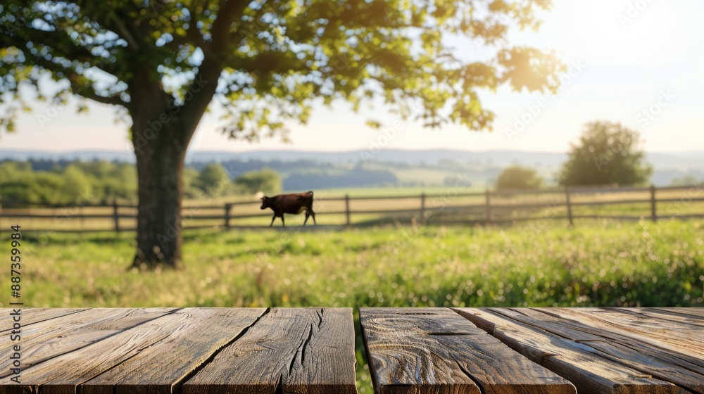 Obraz premium A weathered wooden table sits in the foreground, with a blurred background of a sunny, green meadow and a lone cow grazing in the distance