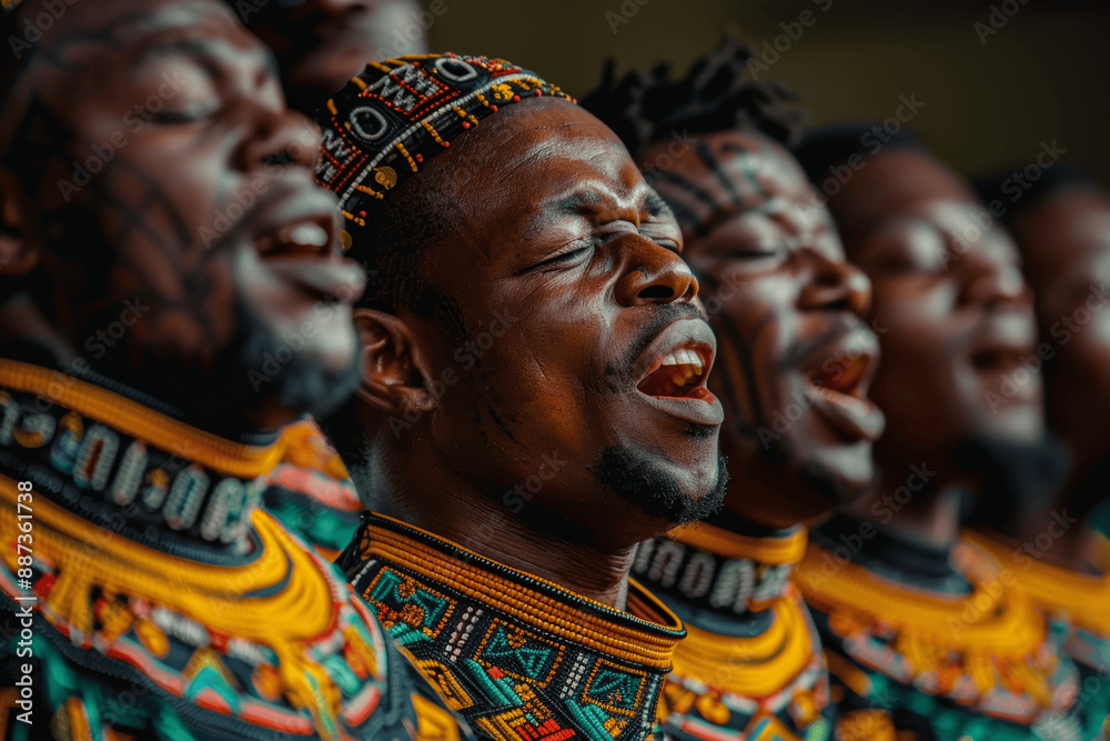 South African Choir Singing Traditional Songs in Community Hall with Vibrant Attire and Harmonious Voices South African Choir Singing Traditional Songs in Community Hall with Vibrant Attire and Harmonious Voices