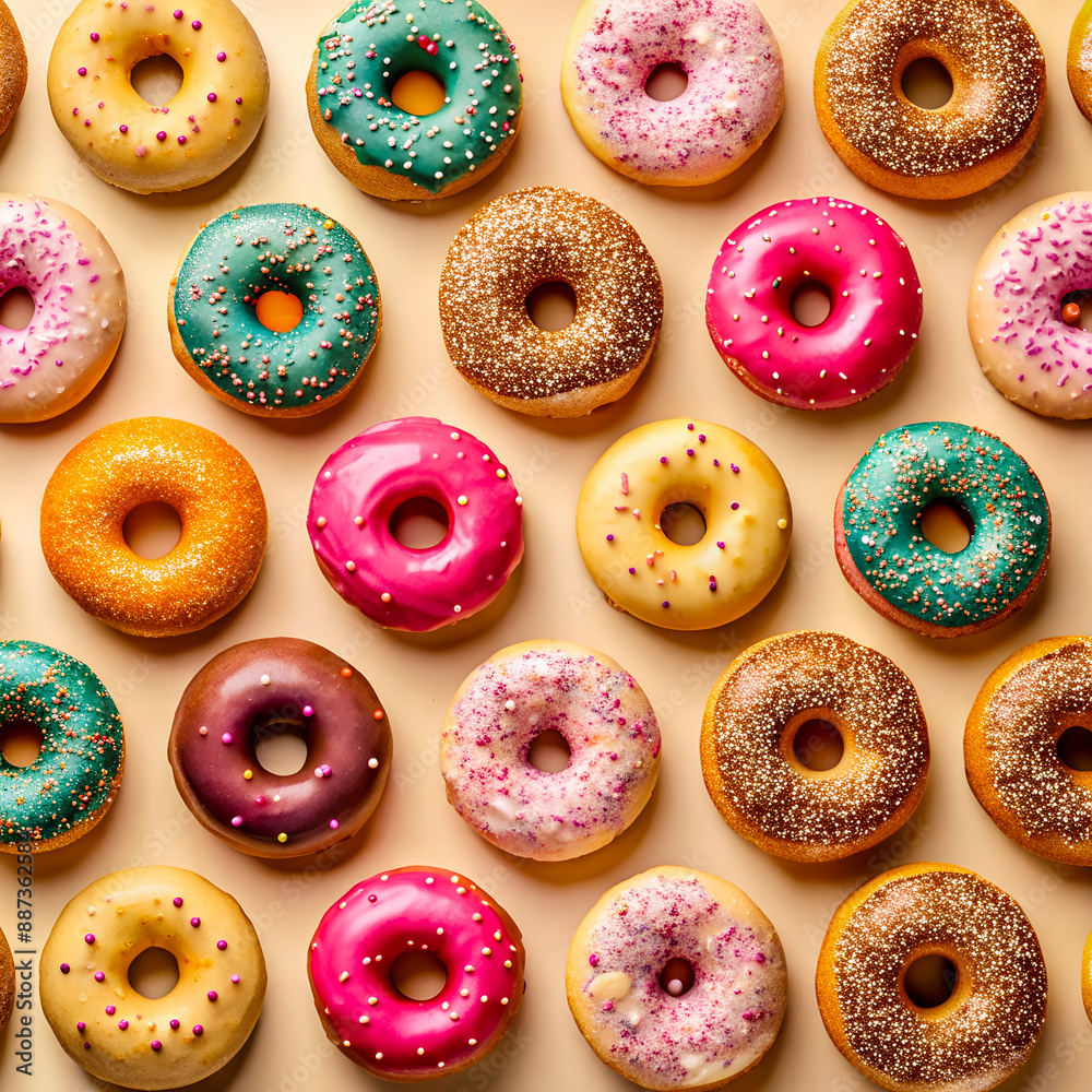 Pattern of Pink Donuts with Sprinkles on Beige Background