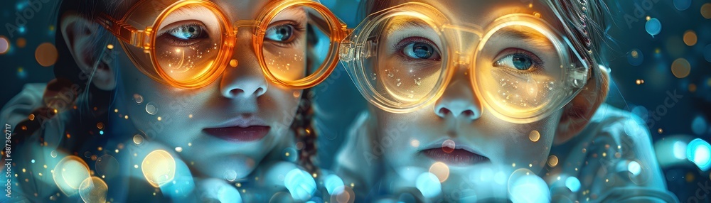 Two Young Girls Enthusiastically Explore Science and Technology, Wearing Safety Glasses and Gazing at a Glowing Display, Representing Curiosity, Exploration, and STEM Education for Kids