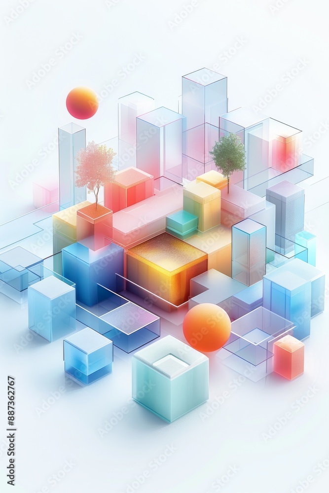 Obraz premium Abstract Futuristic 3D Render Minimalistic Style with Floating Geometric Shapes Isometric Design, Light Color Theme, Bright Background, and Soft Lighting