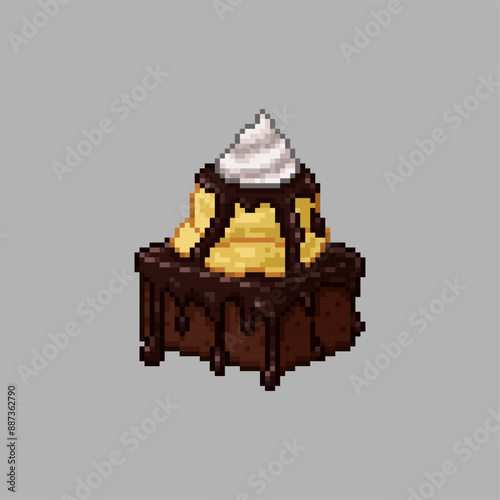 Chocolate brownie with ice cream and whipped cream, pixel art food