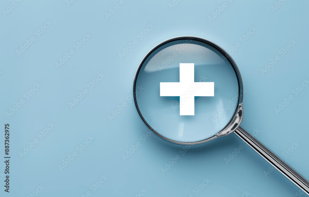 Fototapeta premium White Plus Sign Under Magnifying Glass on Blue Background for Healthcare Concept, 3D Render Illustration