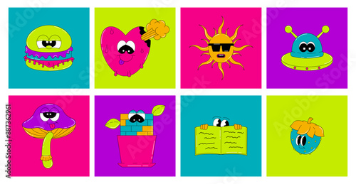 Psychedelic set of groovy characters Mushroom, Sun, Heart and others. Retro elements and stickers in acidic and bright colors. Vector surreal collection