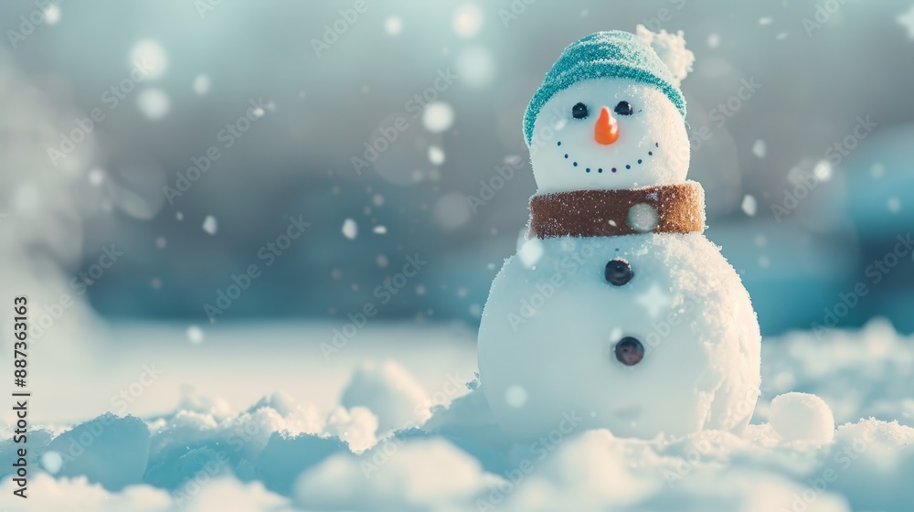 Fototapeta premium A snowman, dressed in a hat and scarf, stands distinctly amidst a mound of pristine snow Background lightly blurred