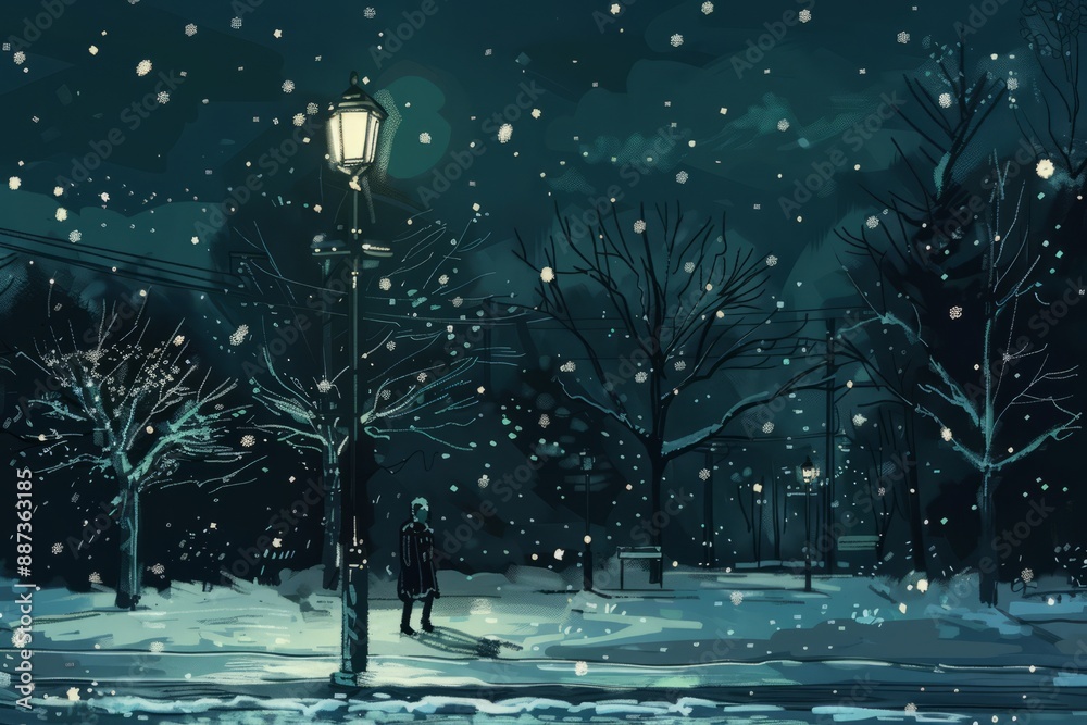 Obraz premium A quiet street covered in snow, illuminated by streetlights. Someone stands by a lamppost, Cozy vibe, Generative AI