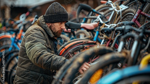 A man at a junkyard of old bicycles . Old bicycles piled in a pile