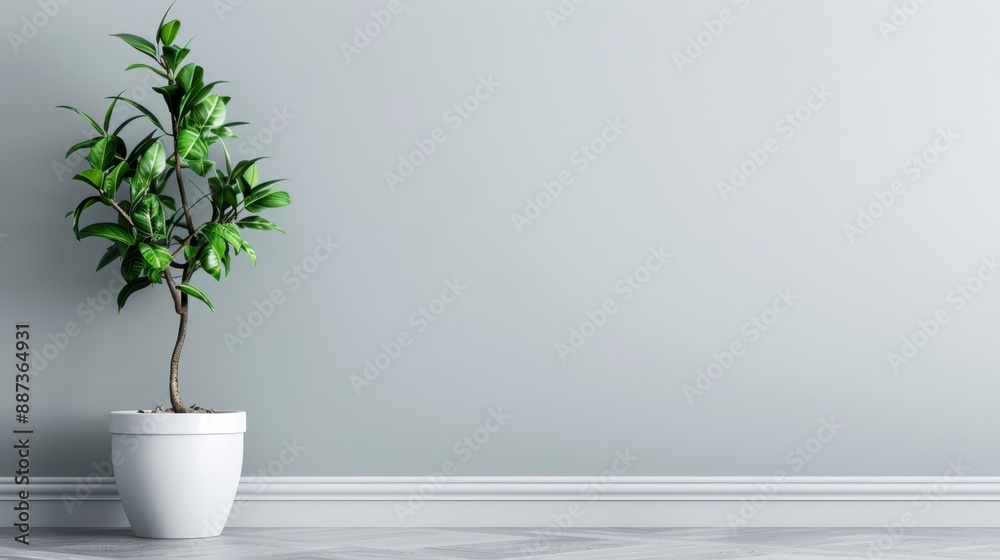 A potted plant in a white planter against a wooden floor, surrounded by a gray wall in the background A potted plant in a white planter against a wooden floor, surrounded by a gray wall in the background