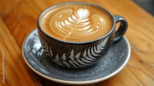 A flat white coffee with a fern pattern served in a ceramic cup stylish cafa setting photo