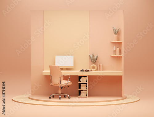 Peach fuzz monochrome minimal office table desk. Concept for study desk, dry leaves vase and workspace with screen desktop. Coral pink background. Mockup template. 3d render	