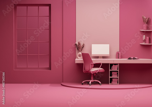 Viva magenta monochrome minimal office table desk. Concept for study desk, dry leaves vase and workspace with screen desktop. Dark pink background. Mockup template. 3d render	