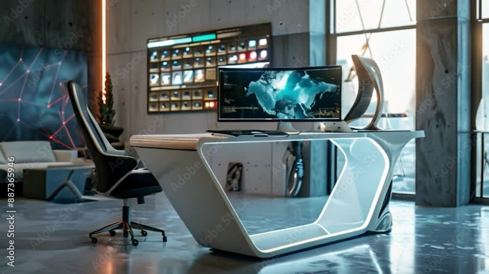 A futuristic office desk with an illuminated edge and computer monitors ...