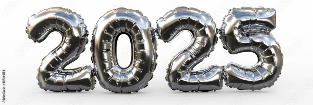 Happy New Year 2025, shape of silver metallic balloon, white background. Happy New Year 2025, shape of silver metallic balloon, white background.