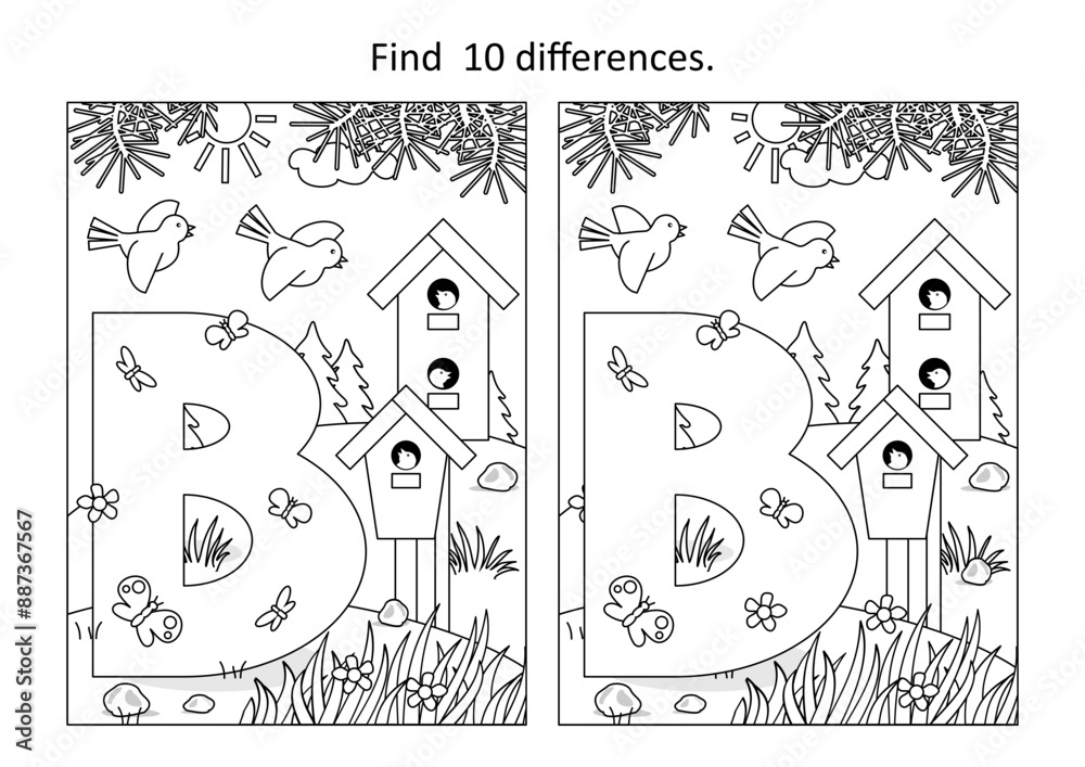 Obraz premium Letter B difference game and coloring page. B is for bird. B is for birdhouse. B is for butterfly. 