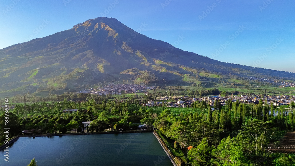 Fototapeta premium Drone view of Sindoro Mountain or Sumbing mountain from Embun Kledung Temanggung. 