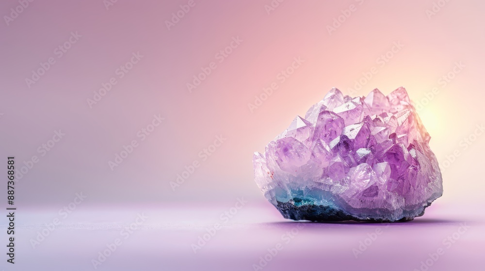 Obraz premium A purple rock atop a purple tablecloth Nearby, a pink-and-white wall with a pink light behind it Pink and white elements complement the hues of the