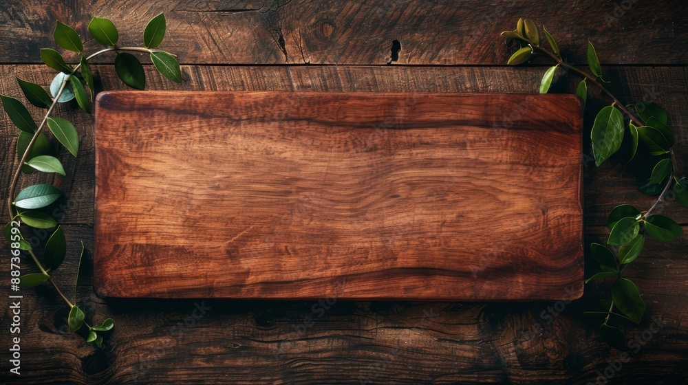 A wooden cutting board atop a wooden table, beside a green, leafy plant A wooden cutting board atop a wooden table, beside a green, leafy plant