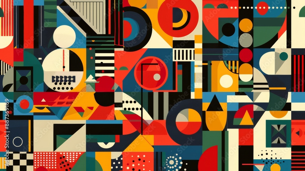 Obraz premium Geometric Abstract Pattern: Bold and vibrant colors in a seamless collage of geometric shapes. A modern design for textiles, websites, and branding. 