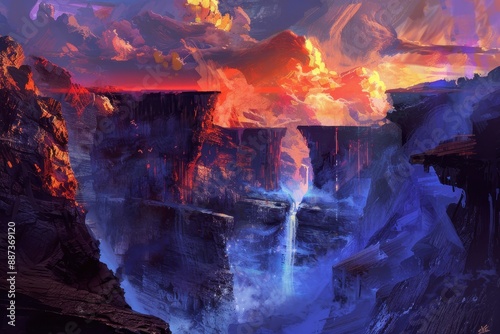 Colorful mountain chasm landscape with waterfalls and a vibrant sky