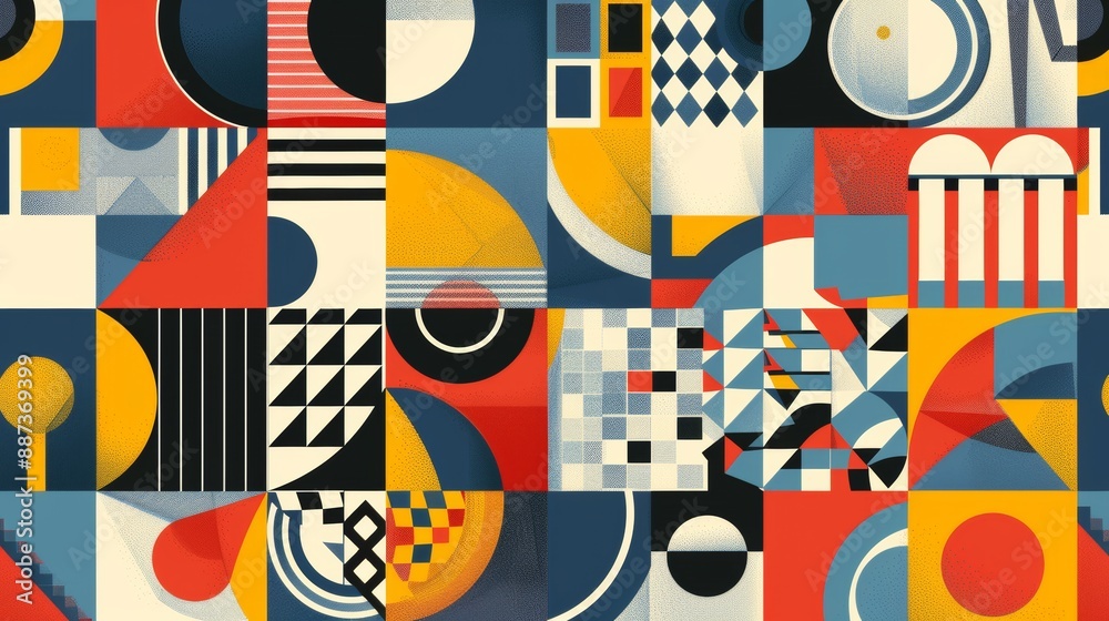 Geometric Symphony: A vibrant tapestry of color and shape, featuring bold geometric patterns in a dynamic and modern composition. Perfect for projects needing a touch of retro-modern design. Geometric Symphony: A vibrant tapestry of color and shape, featuring bold geometric patterns in a dynamic and modern composition. Perfect for projects needing a touch of retro-modern design.