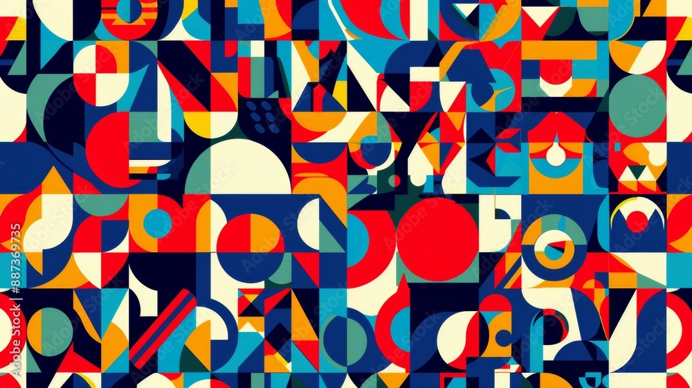 Obraz premium Geometric Symphony: A vibrant and dynamic abstract artwork featuring a captivating interplay of shapes, colors, and patterns. Bold geometric forms create a visually stimulating design.