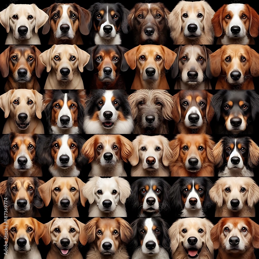 Obraz premium Dogs with expressive faces arranged in a crowded pattern, capturing their unique personalities