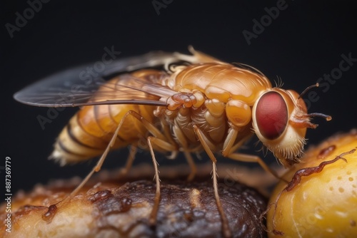 A macro close-up of a fruit fly perched showing its detailed hairy body wings and compound eyes isolated solid background photo