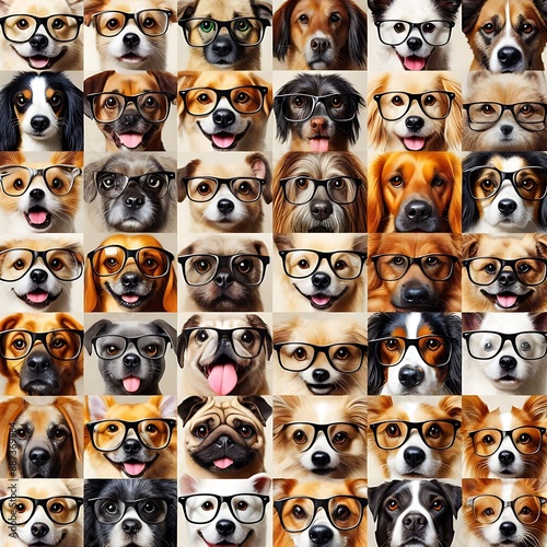 Dogs with expressive faces arranged in a crowded pattern, capturing their unique personalities