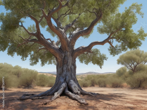 Ancient olive tree with gnarled branches and lush foliage in a sunlit, arid landscape. Represents nature, longevity, and the beauty of old trees in a serene environment. photo