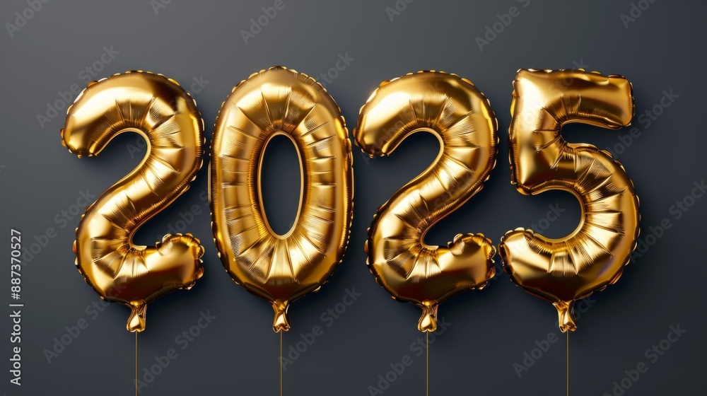 Happy New Year 2025 golden number foil balloons isolated on dark gray background. Happy New Year 2025 golden number foil balloons isolated on dark gray background.