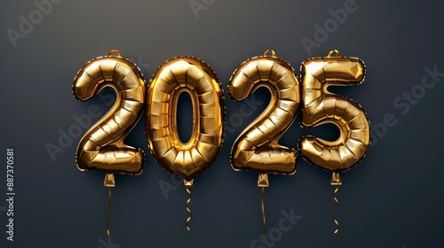 Happy New Year 2025 golden number foil balloons isolated on dark gray background.