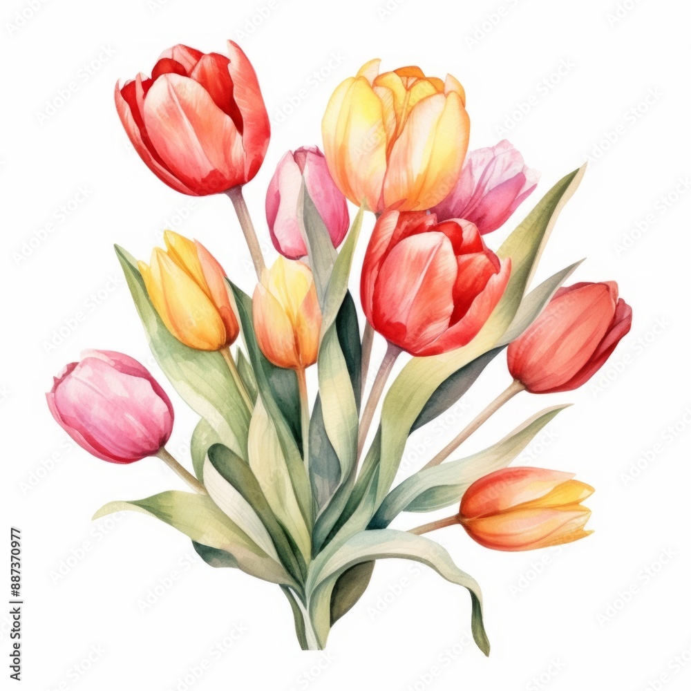 Watercolor painting of vibrant tulips - red, yellow, and pink - arranged in a cluster with stems and leaves Watercolor painting of vibrant tulips - red, yellow, and pink - arranged in a cluster with stems and leaves