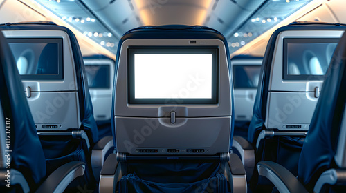 Airplane seats with blank LCD screen mockup device for entertainment to serve passenger on a plane trip