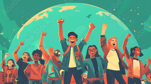 A group of earthlings stood with both fists raised, smiling with joy against the background of the earth photo