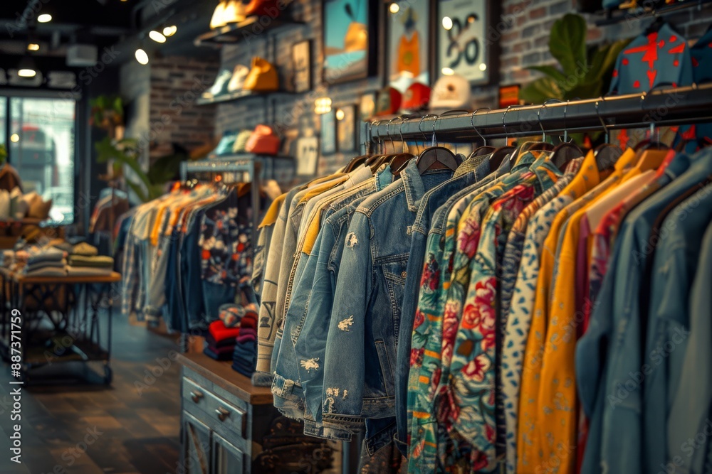 shot of clothes hanging in a clothing store, funky street wear styles of clothes, realistic, bright shot of clothes hanging in a clothing store, funky street wear styles of clothes, realistic, bright