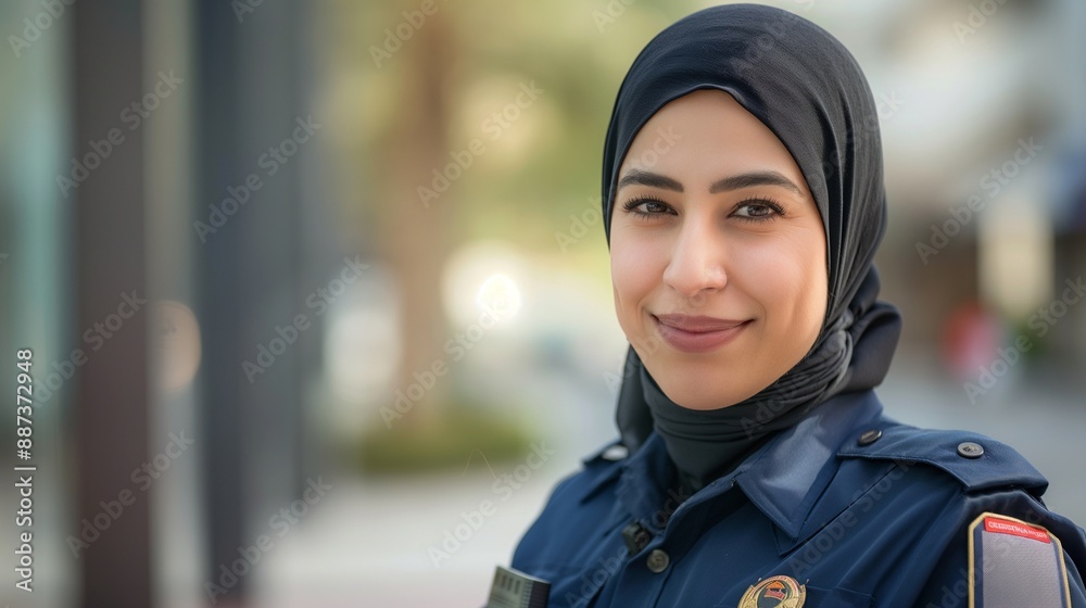 Professional Female Security Guard in Hijab and Uniform Smiling at Camera with Guarded Building in Background, Showing Responsibility and Safety Professional Female Security Guard in Hijab and Uniform Smiling at Camera with Guarded Building in Background, Showing Responsibility and Safety