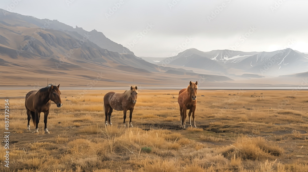 portrait of horses in field with the mountains background portrait of horses in field with the mountains background