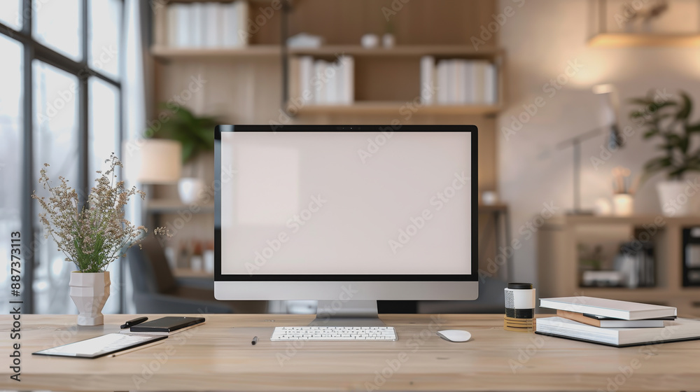 Modern office desk setup with computer monitor, organized books, natural lighting Modern office desk setup with computer monitor, organized books, natural lighting