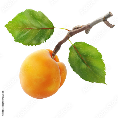 Single apricot on a branch with leaves isolated on white background photo