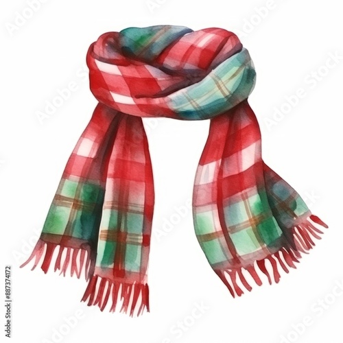 A watercolor illustration of a red and green plaid scarf with fringe