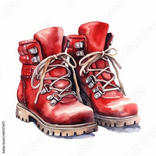 A watercolor painting of a pair of red hiking boots with laces tied