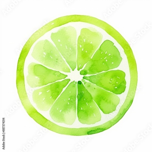 A watercolor painting of a fresh lime slice, showing the juicy, green flesh and the white pith photo