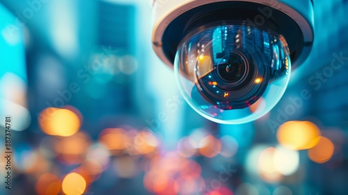 Close-up of High-Definition Security Camera Lens with Cityscape Reflections and Digital Details