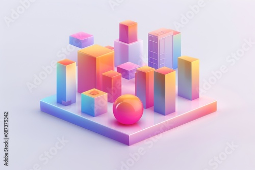 Abstract Futuristic 3D Render Minimalistic Style with Floating Geometric Shapes Isometric Design, Light Color Theme, Bright Background, and Soft Lighting