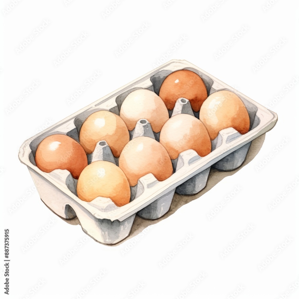 A watercolor painting of a carton of eight eggs A watercolor painting of a carton of eight eggs