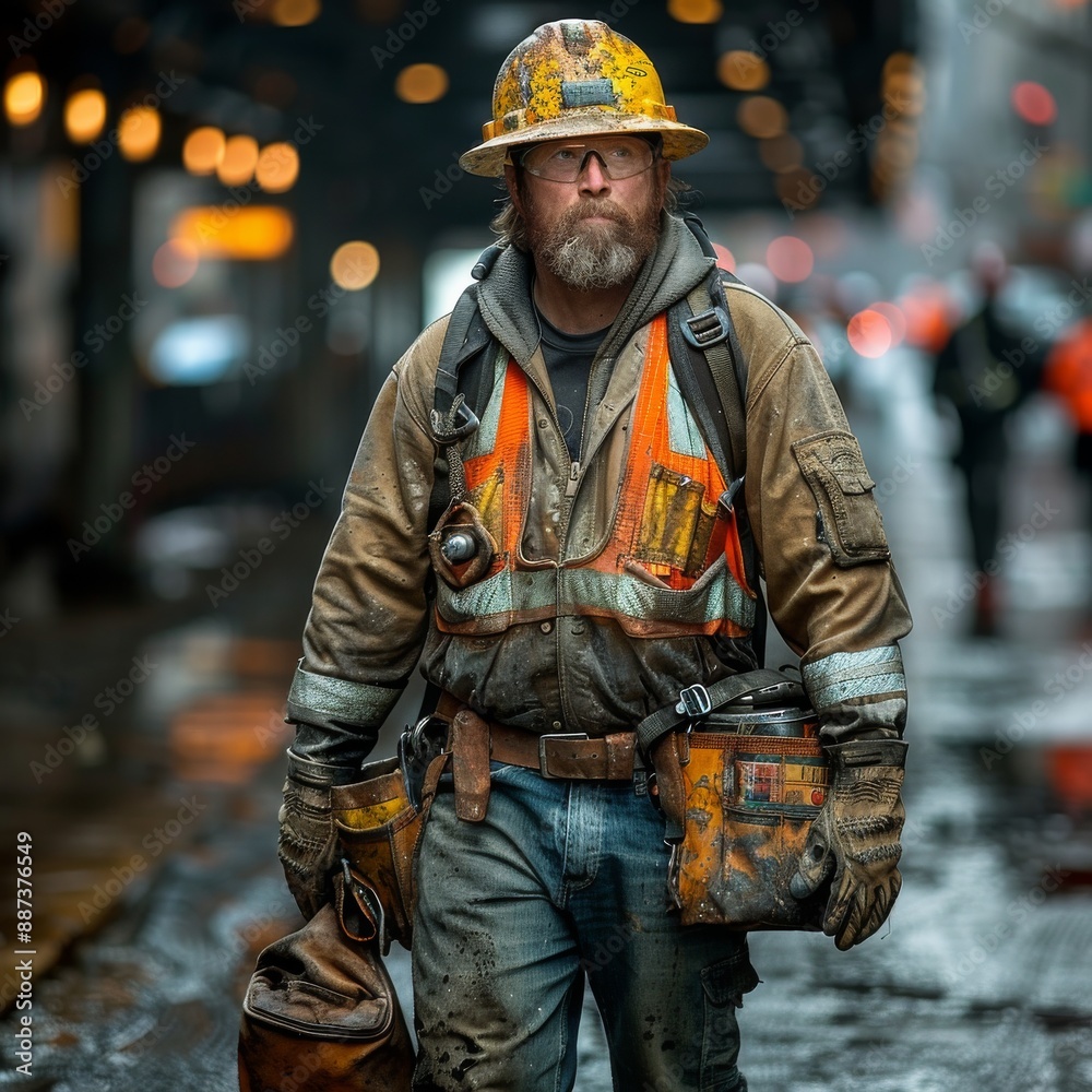 A laborer in a safety helmet and reflective vest stands on a rainy urban street, carrying tools and wearing glasses, portraying the tough work environment. A laborer in a safety helmet and reflective vest stands on a rainy urban street, carrying tools and wearing glasses, portraying the tough work environment.